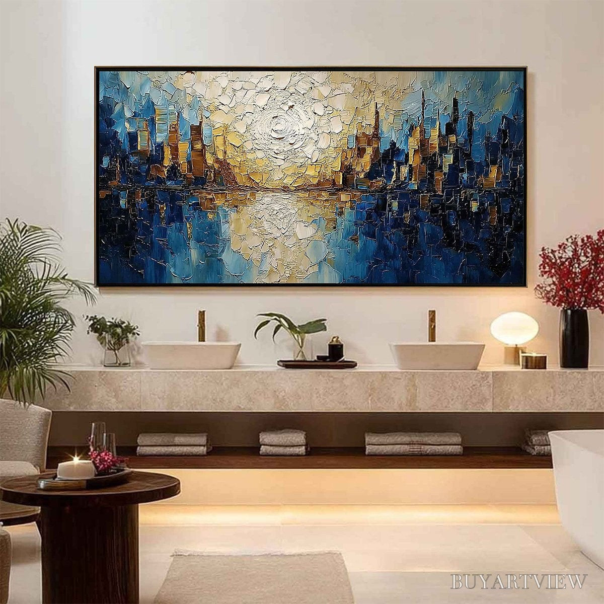 BUYARTVIEW Golden Horizon – Textured Impasto Cityscape Reflection Oil Painting - image 6