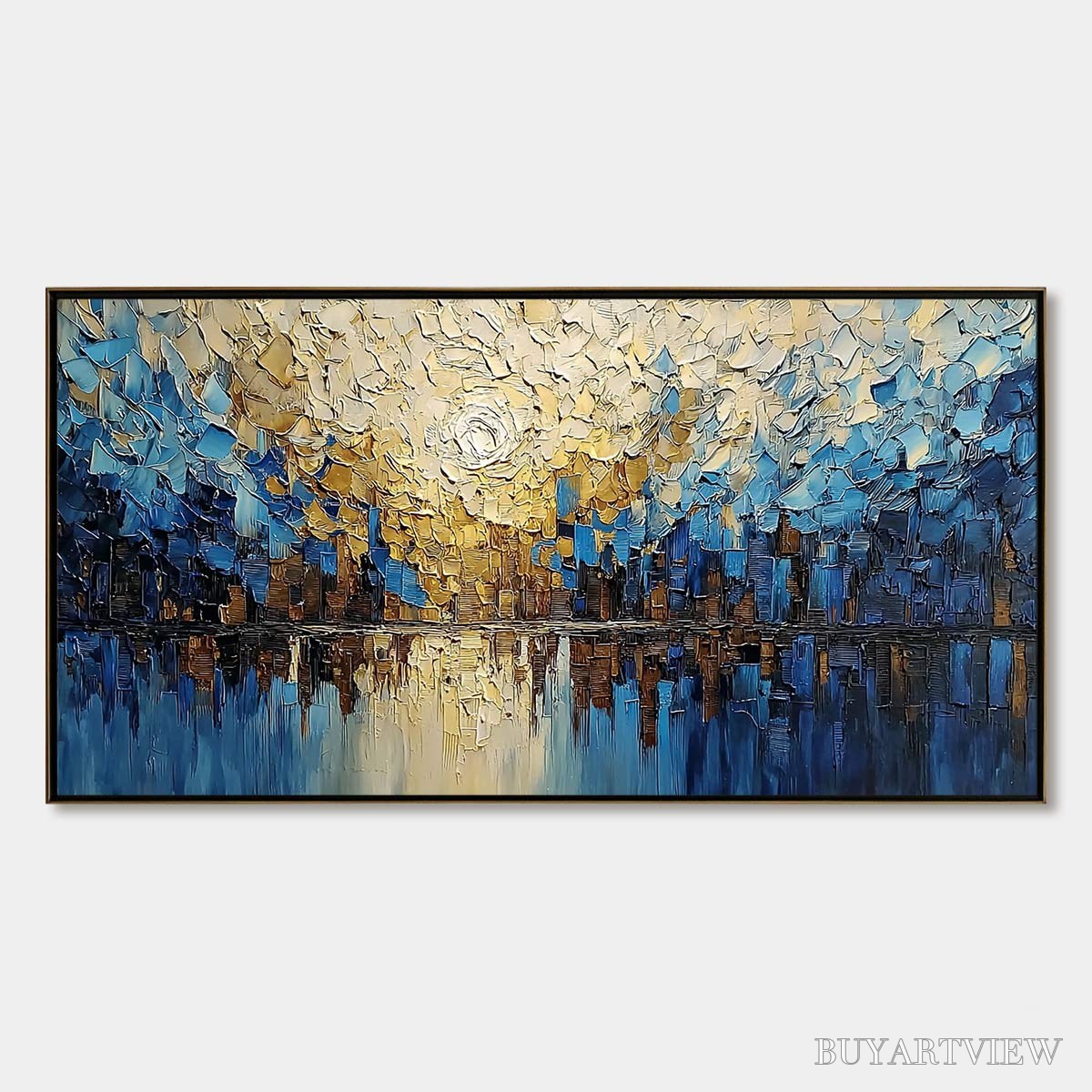 BUYARTVIEW Golden Horizon – Textured Impasto Cityscape Reflection Painting - image 1