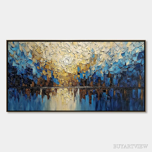 BUYARTVIEW Golden Horizon – Textured Impasto Cityscape Reflection Painting - image 1