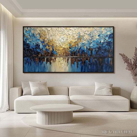 BUYARTVIEW Golden Horizon – Textured Impasto Cityscape Reflection Painting - image 2