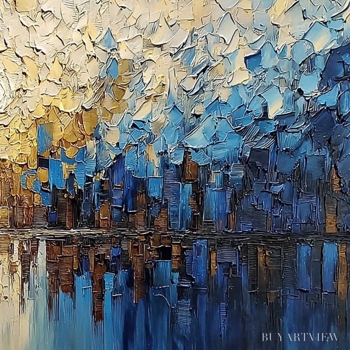 BUYARTVIEW Golden Horizon – Textured Impasto Cityscape Reflection Painting - image 3