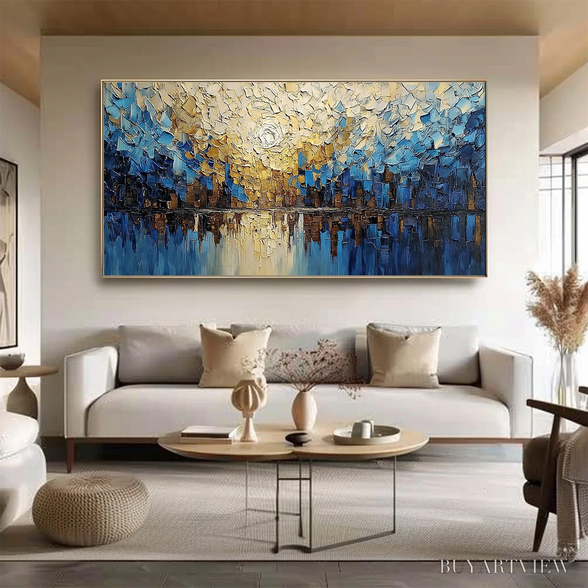 BUYARTVIEW Golden Horizon – Textured Impasto Cityscape Reflection Painting - image 4