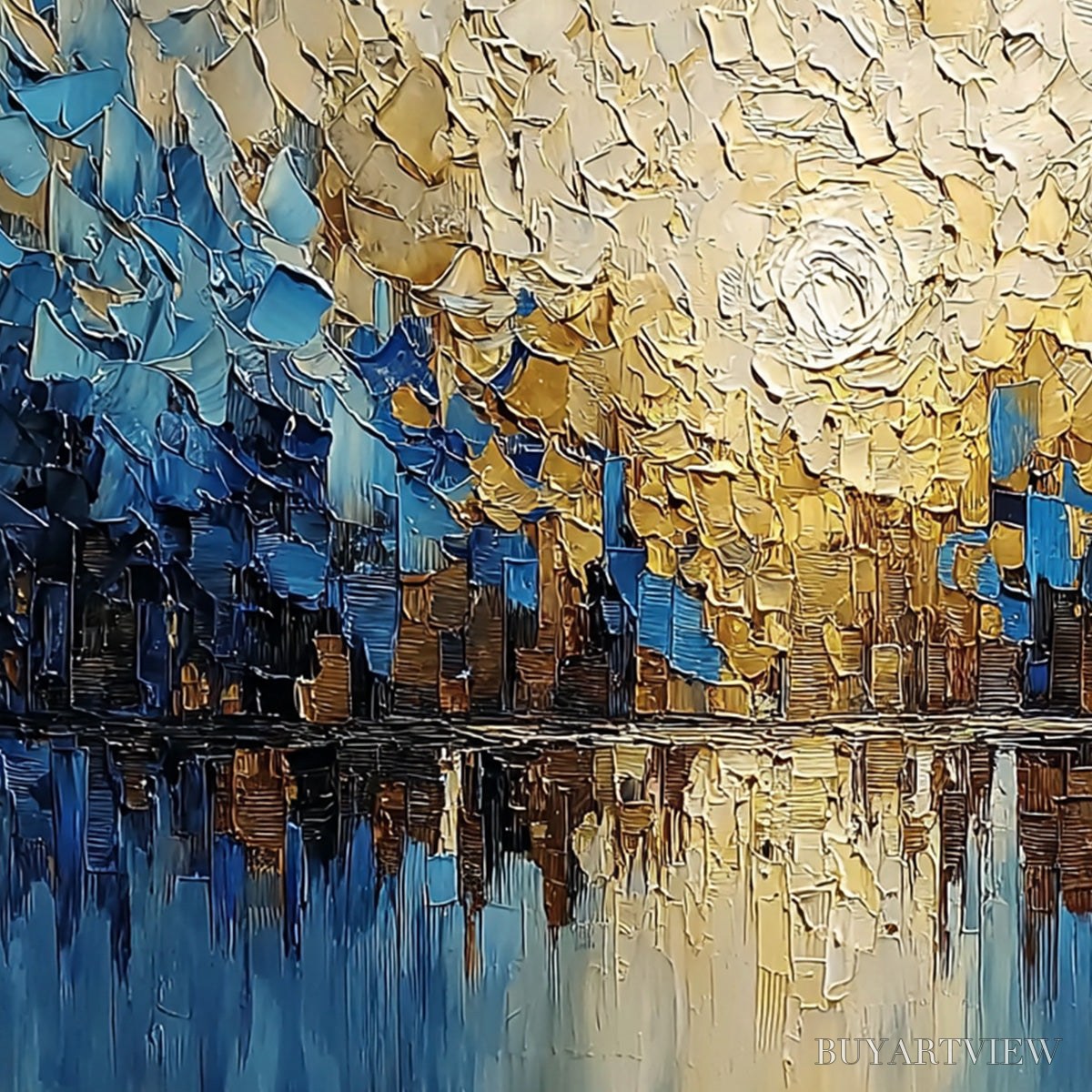 BUYARTVIEW Golden Horizon – Textured Impasto Cityscape Reflection Painting - image 5