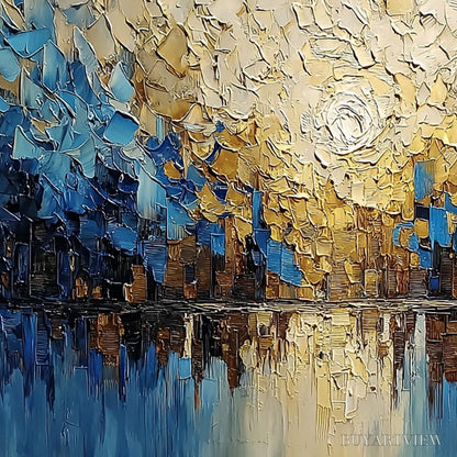 BUYARTVIEW Golden Horizon – Textured Impasto Cityscape Reflection Painting - image 5