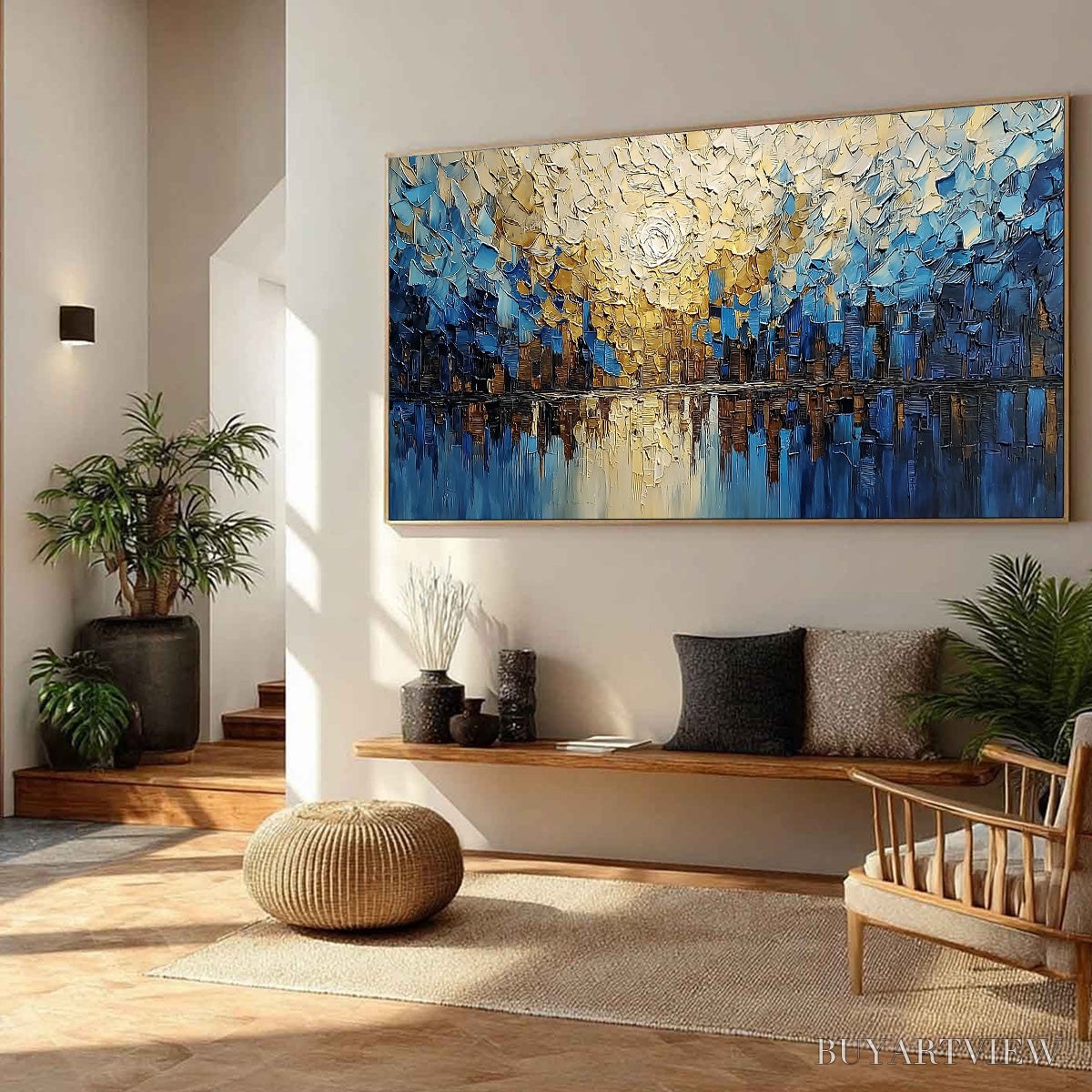 BUYARTVIEW Golden Horizon – Textured Impasto Cityscape Reflection Painting - image 6