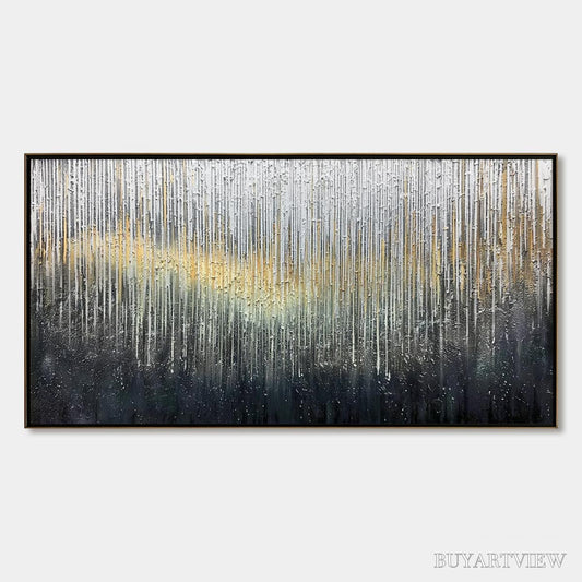 BUYARTVIEW Metallic Cascade – Large Textured Abstract Gold and Silver Horizontal Painting - image 1