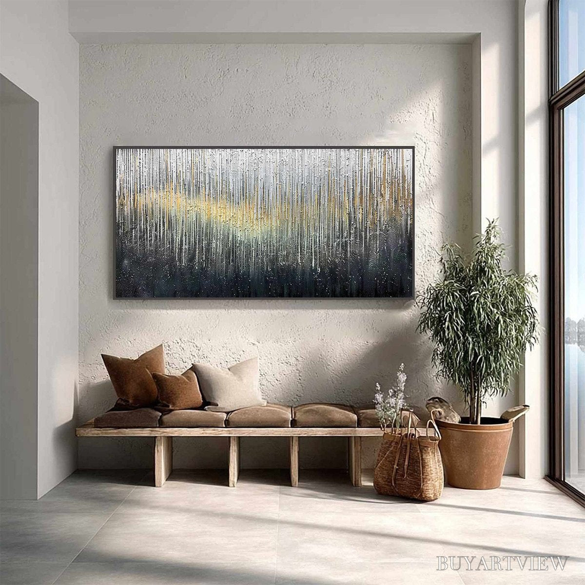BUYARTVIEW Metallic Cascade – Large Textured Abstract Gold and Silver Horizontal Painting - image 4