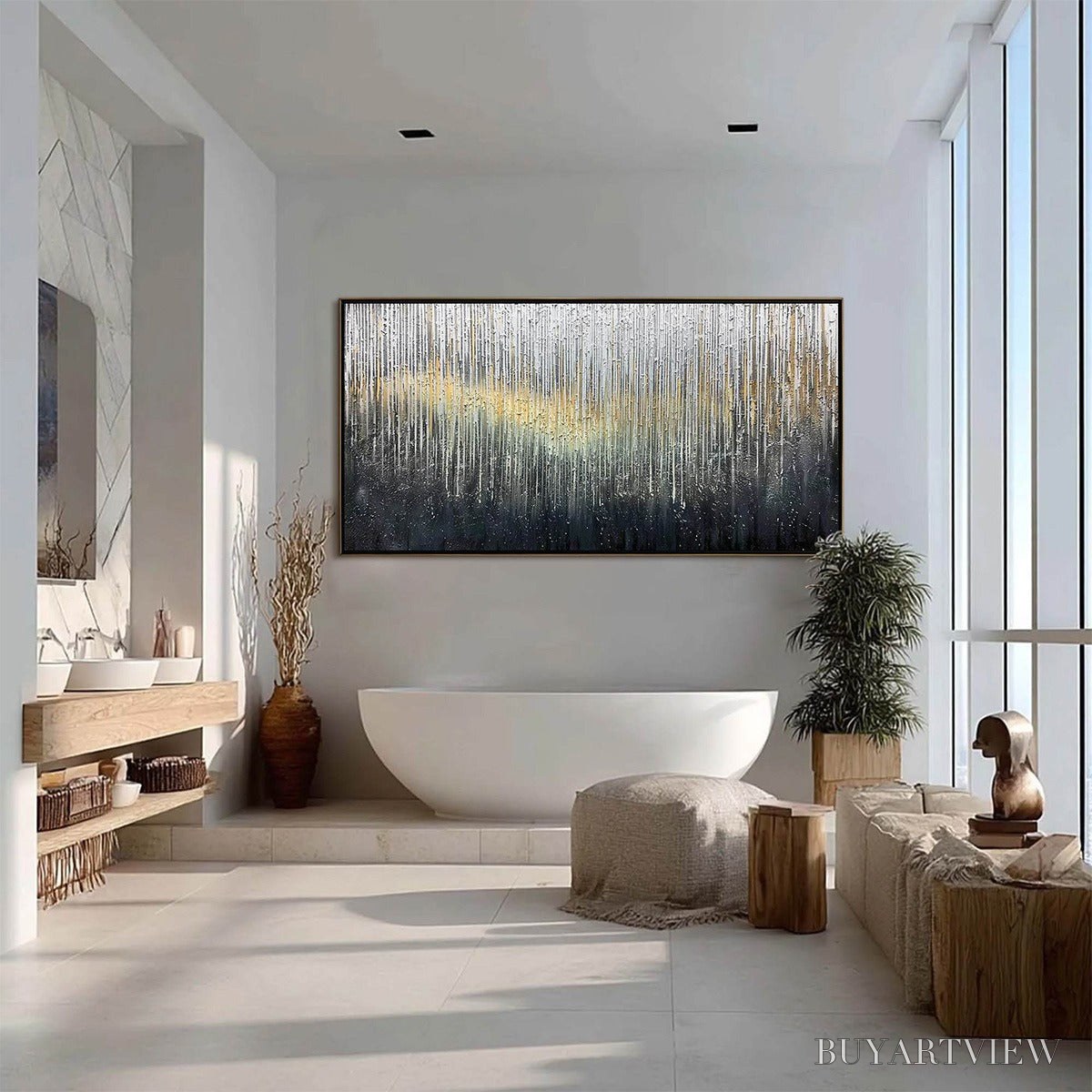 BUYARTVIEW Metallic Cascade – Large Textured Abstract Gold and Silver Horizontal Painting - image 6