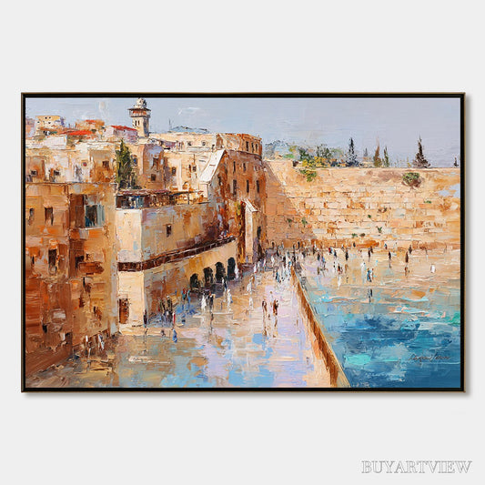 BUYARTVIEW Prayers in Ochre – Textured Palette Knife Jerusalem Cityscape Painting - image 1