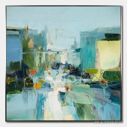 BUYARTVIEW Aquamarine City – Textured Abstract Cityscape Oil Painting - image 1