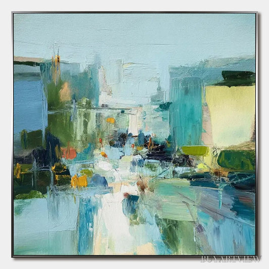 BUYARTVIEW Aquamarine City – Textured Abstract Cityscape Oil Painting - image 1