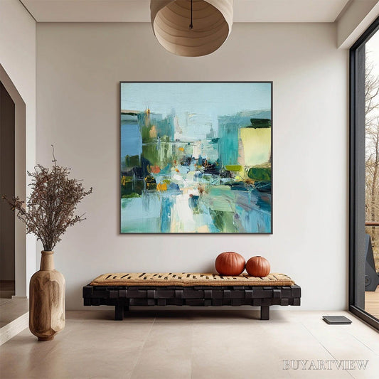BUYARTVIEW Aquamarine City – Textured Abstract Cityscape Oil Painting - image 2