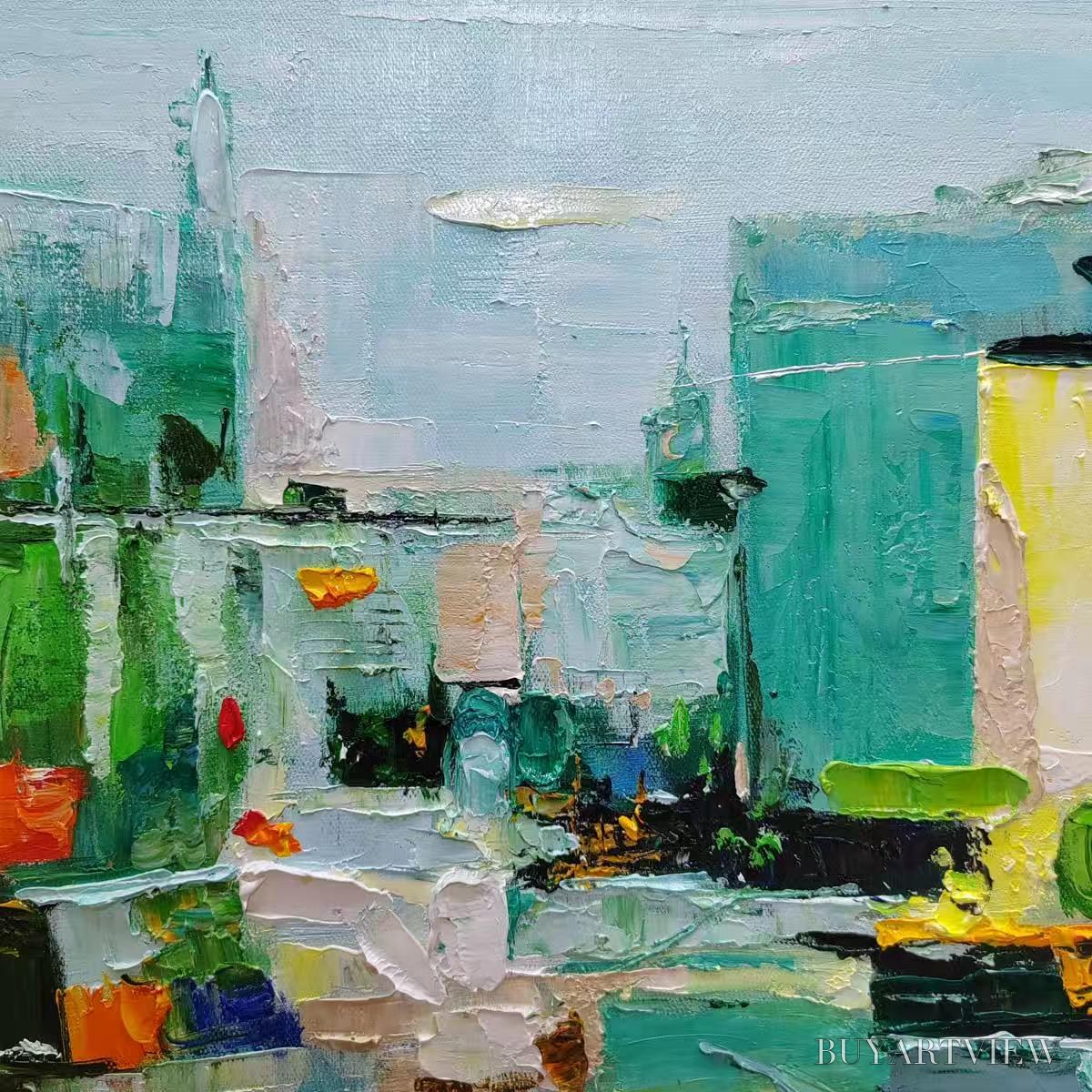 BUYARTVIEW Aquamarine City – Textured Abstract Cityscape Oil Painting - image 3