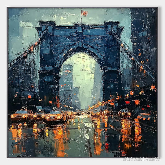 BUYARTVIEW City Lights – Impressionistic Cityscape Oil Painting of Bridge - image 1