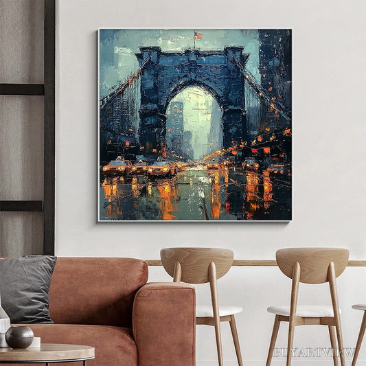 BUYARTVIEW City Lights – Impressionistic Cityscape Oil Painting of Bridge - image 2