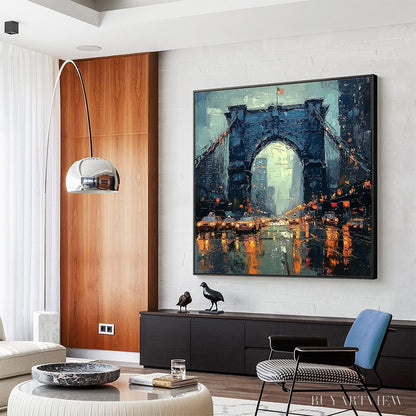 BUYARTVIEW City Lights – Impressionistic Cityscape Oil Painting of Bridge - image 4