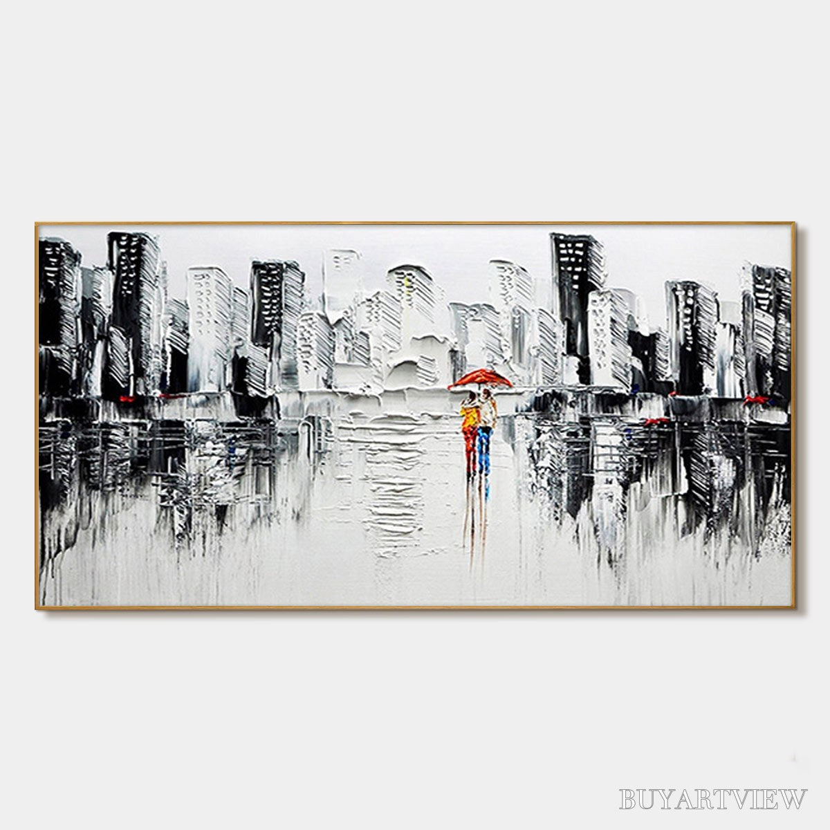 BUYARTVIEW Urban Romance – Textured Cityscape Oil Painting in Black and White - image 1