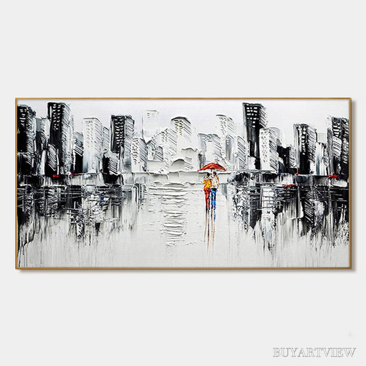 BUYARTVIEW Urban Romance – Textured Cityscape Oil Painting in Black and White - image 1
