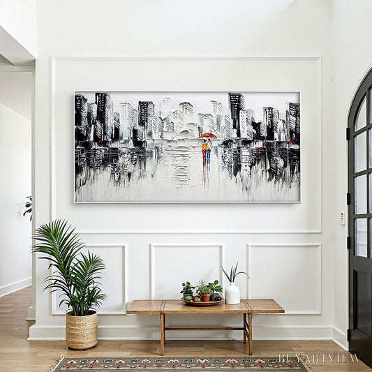 BUYARTVIEW Urban Romance – Textured Cityscape Oil Painting in Black and White - image 2