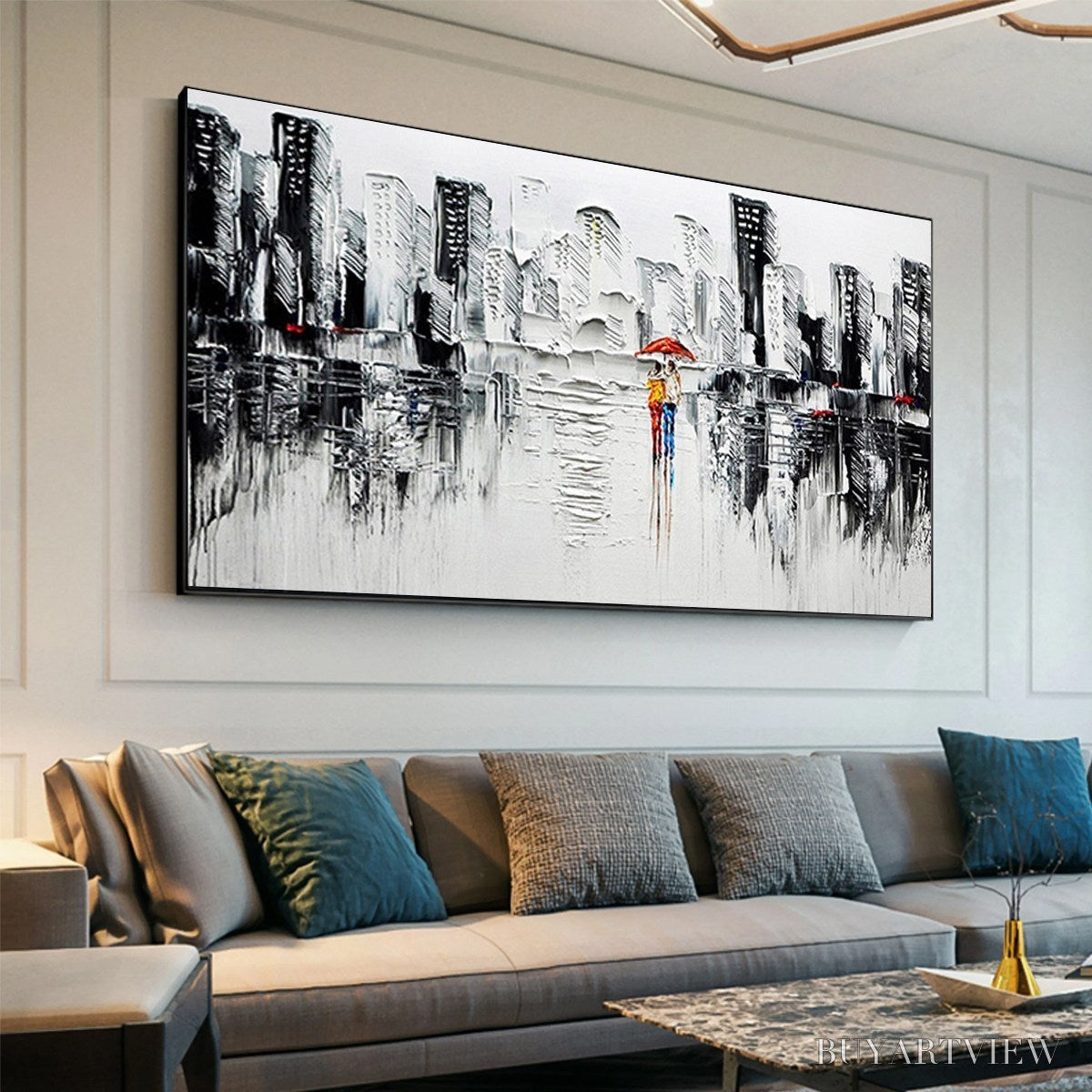 BUYARTVIEW Urban Romance – Textured Cityscape Oil Painting in Black and White - image 4