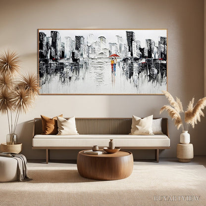 BUYARTVIEW Urban Romance – Textured Cityscape Oil Painting in Black and White - image 6