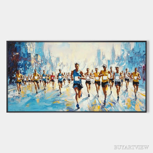 BUYARTVIEW City Stride – Textured Urban Marathon Scene Oil Painting - image 1