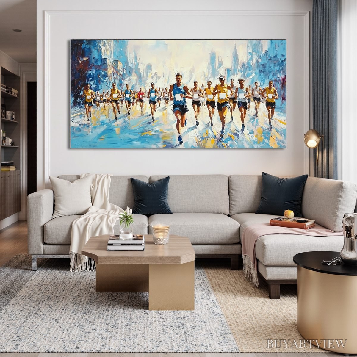 BUYARTVIEW City Stride – Textured Urban Marathon Scene Oil Painting - image 2