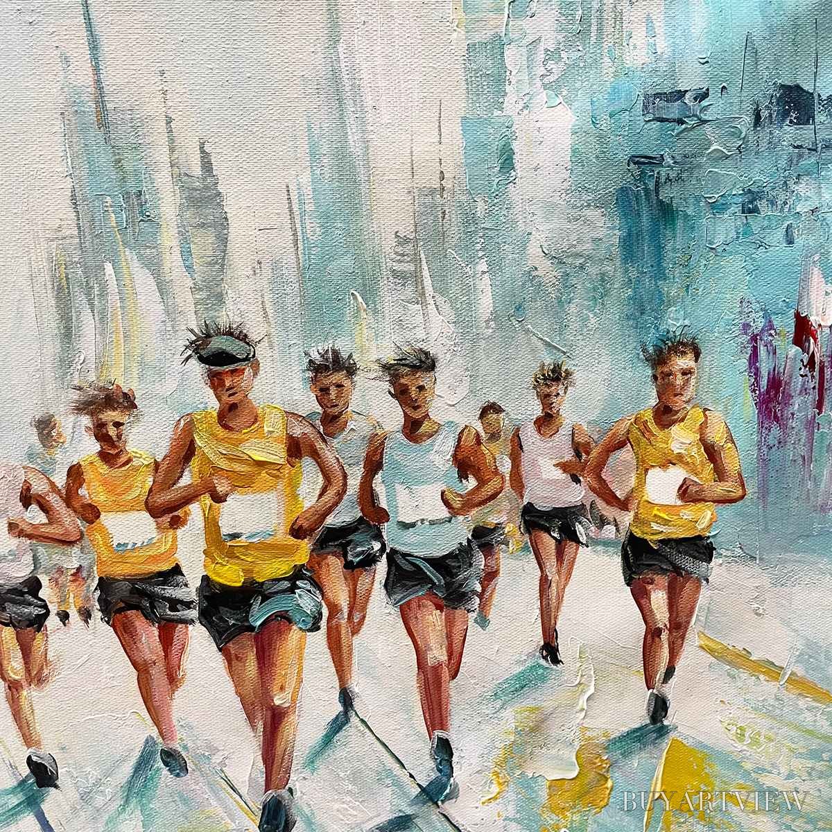 BUYARTVIEW City Stride – Textured Urban Marathon Scene Oil Painting - image 3