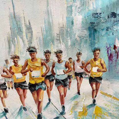 BUYARTVIEW City Stride – Textured Urban Marathon Scene Oil Painting - image 3
