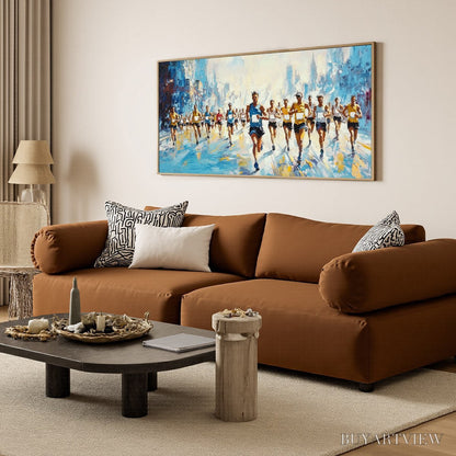 BUYARTVIEW City Stride – Textured Urban Marathon Scene Oil Painting - image 4