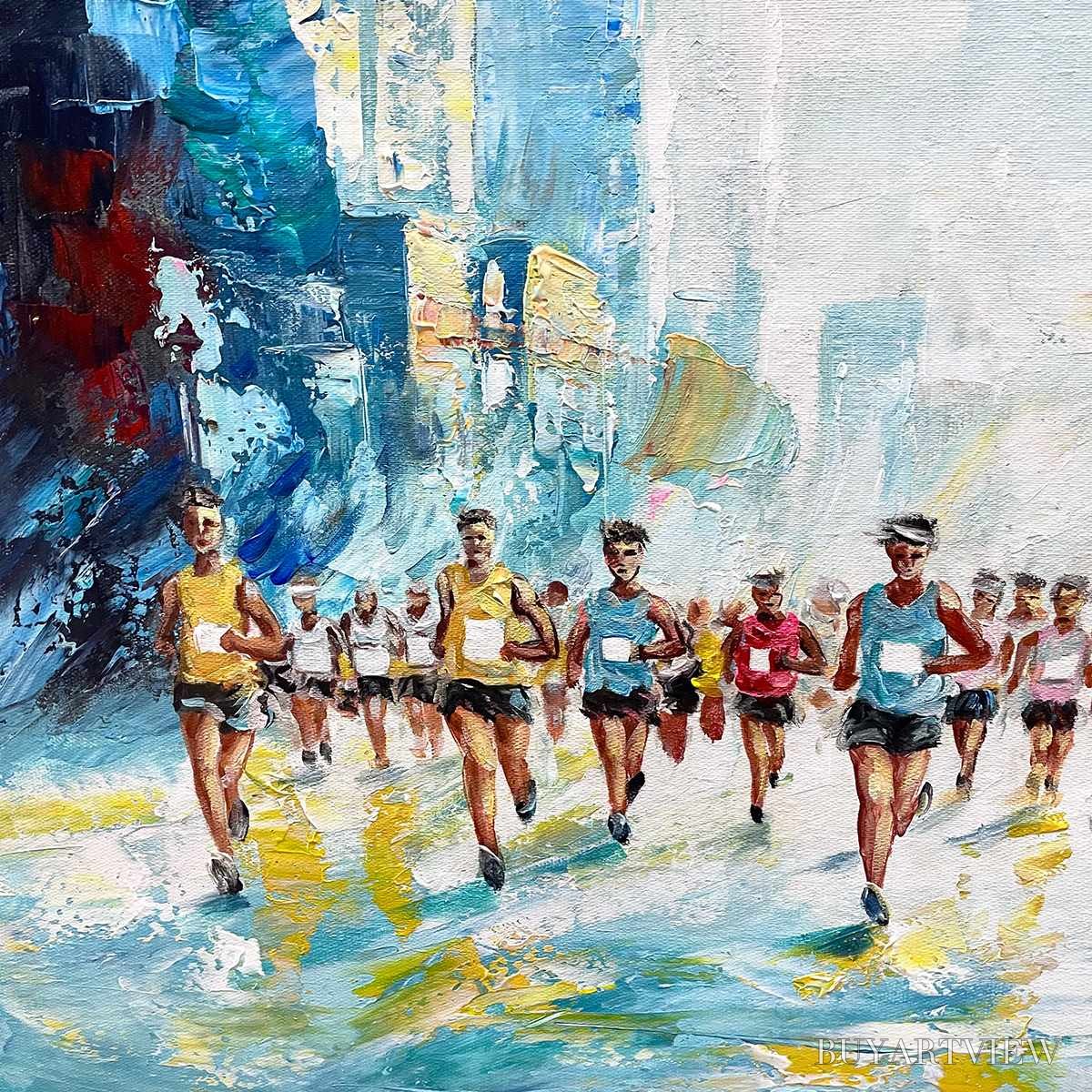 BUYARTVIEW City Stride – Textured Urban Marathon Scene Oil Painting - image 5