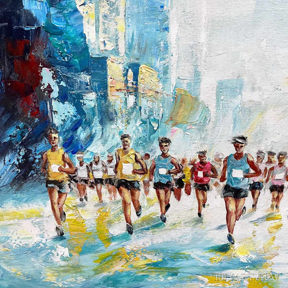 BUYARTVIEW City Stride – Textured Urban Marathon Scene Oil Painting - image 5