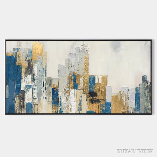 BUYARTVIEW Golden Metropolis – Abstract Cityscape Oil Painting in Gold and Blue - image 1