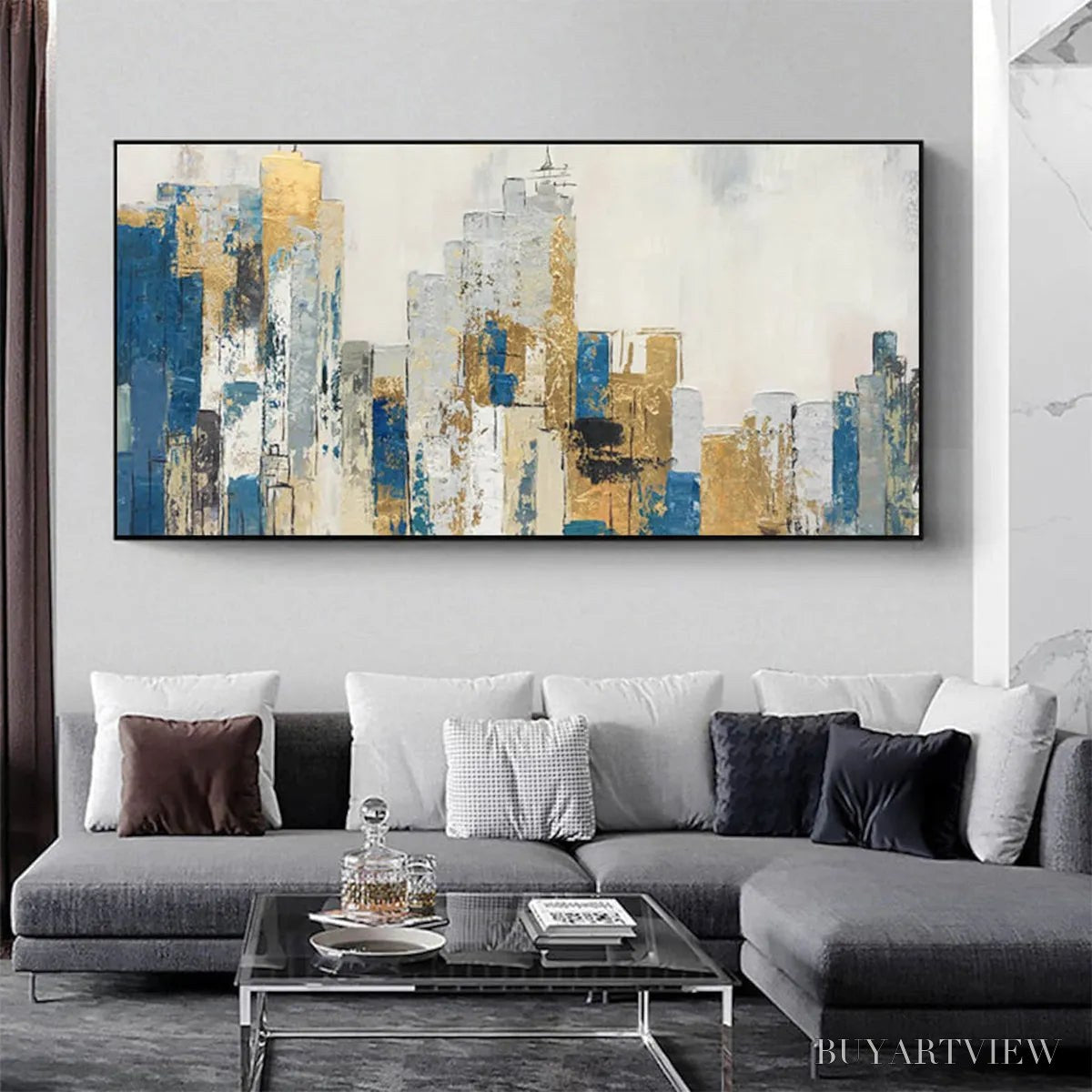 BUYARTVIEW Golden Metropolis – Abstract Cityscape Oil Painting in Gold and Blue - image 2
