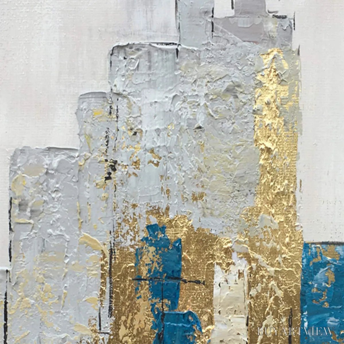 BUYARTVIEW Golden Metropolis – Abstract Cityscape Oil Painting in Gold and Blue - image 3