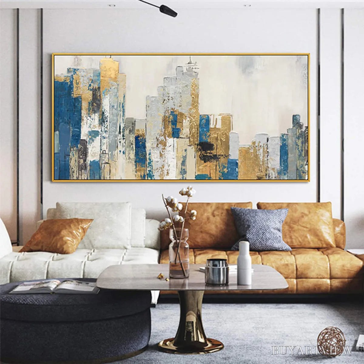 BUYARTVIEW Golden Metropolis – Abstract Cityscape Oil Painting in Gold and Blue - image 4