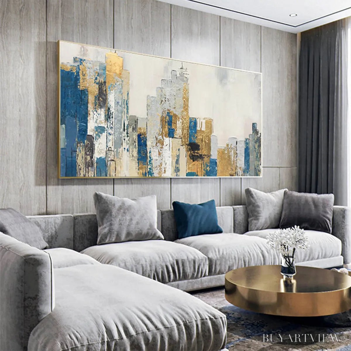 BUYARTVIEW Golden Metropolis – Abstract Cityscape Oil Painting in Gold and Blue - image 5
