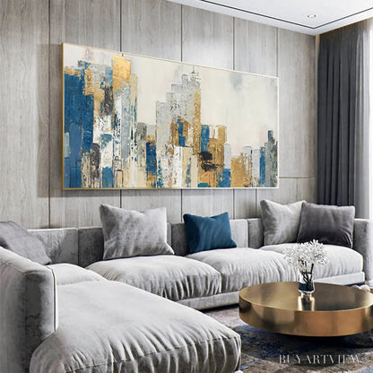 BUYARTVIEW Golden Metropolis – Abstract Cityscape Oil Painting in Gold and Blue - image 5