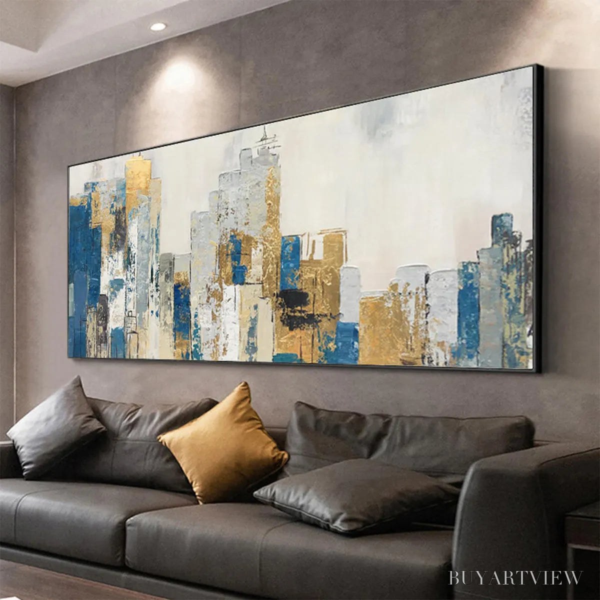 BUYARTVIEW Golden Metropolis – Abstract Cityscape Oil Painting in Gold and Blue - image 6