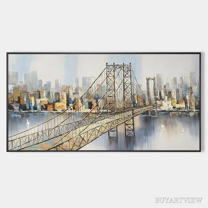 BUYARTVIEW Urban Connectivity – Panoramic Cityscape Oil Painting with Bridge - image 1