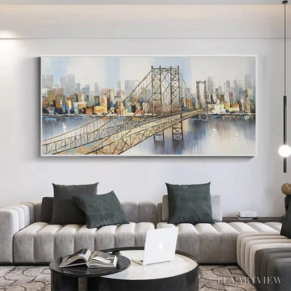BUYARTVIEW Urban Connectivity – Panoramic Cityscape Oil Painting with Bridge - image 2