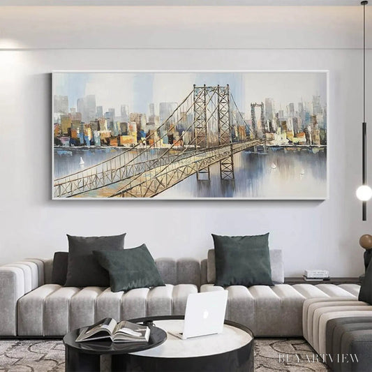 BUYARTVIEW Urban Connectivity – Panoramic Cityscape Oil Painting with Bridge - image 2