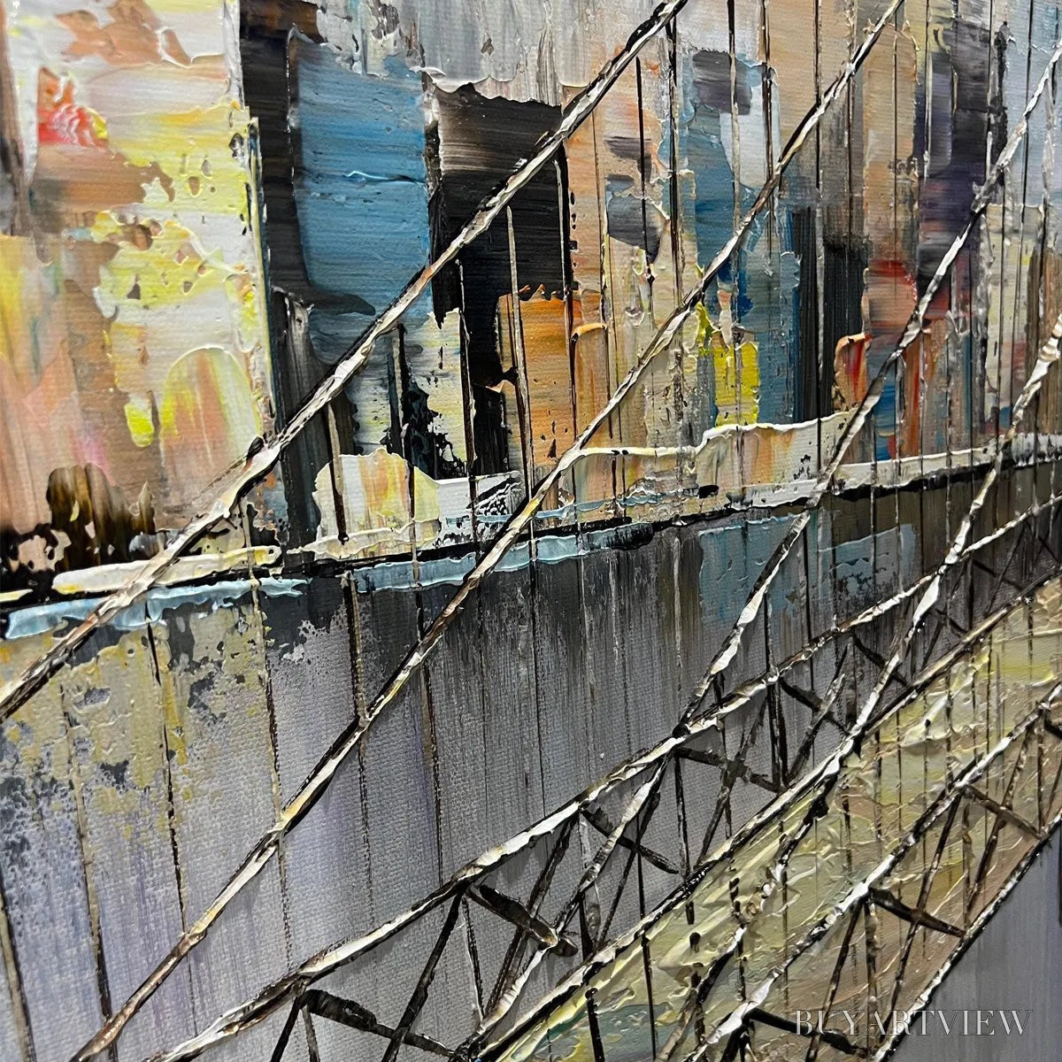 BUYARTVIEW Urban Connectivity – Panoramic Cityscape Oil Painting with Bridge - image 3