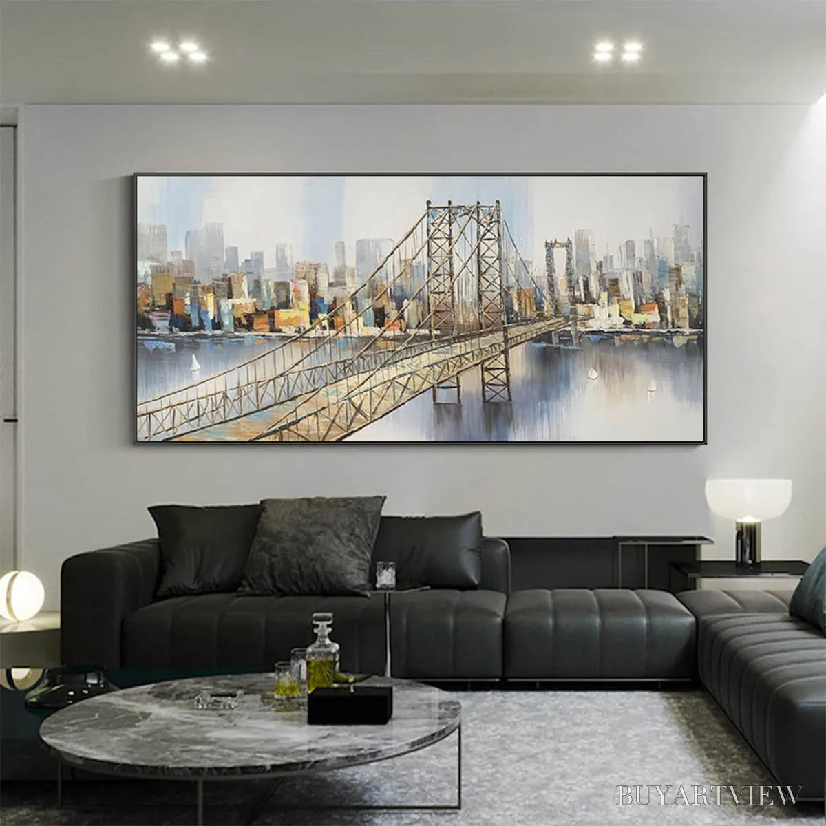 BUYARTVIEW Urban Connectivity – Panoramic Cityscape Oil Painting with Bridge - image 4