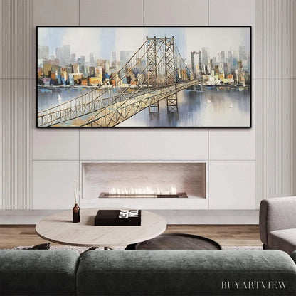 BUYARTVIEW Urban Connectivity – Panoramic Cityscape Oil Painting with Bridge - image 6