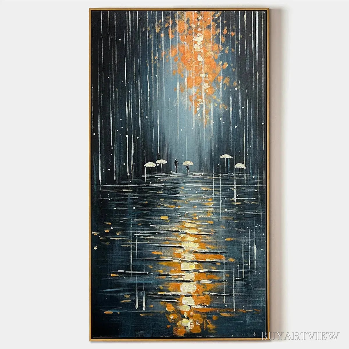 BUYARTVIEW Rainy Day Reflections – Vertical Painting of a Rainy City Street, Minimalist Figures, Modern , Blue and Gold - image 1