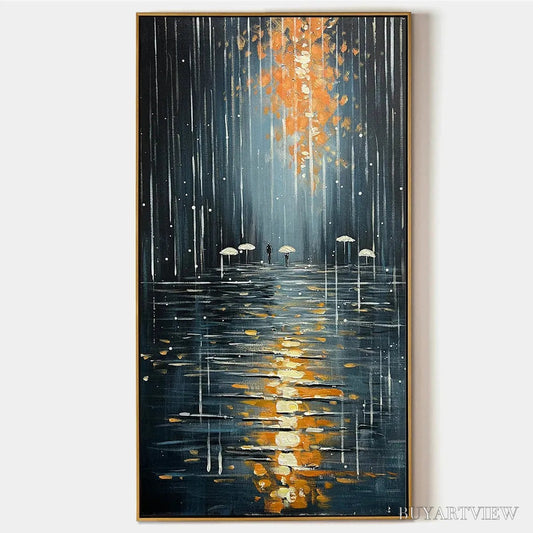 BUYARTVIEW Rainy Day Reflections – Vertical Painting of a Rainy City Street, Minimalist Figures, Modern , Blue and Gold - image 1