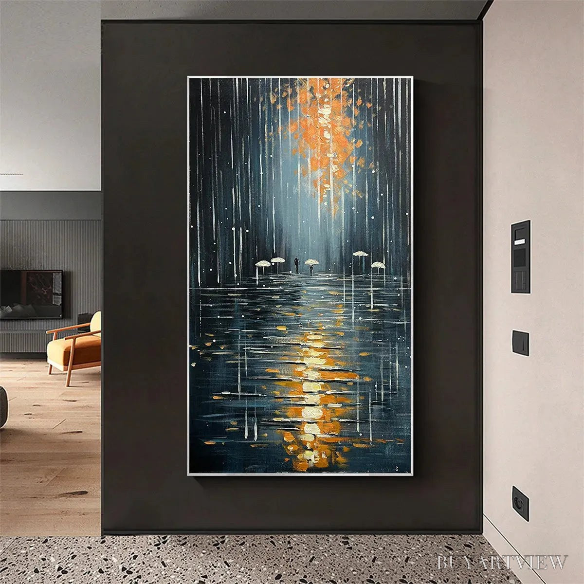 BUYARTVIEW Rainy Day Reflections – Vertical Painting of a Rainy City Street, Minimalist Figures, Modern , Blue and Gold - image 2