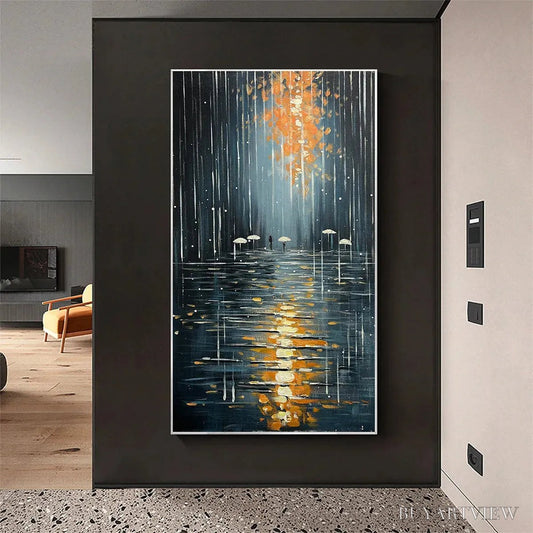 BUYARTVIEW Rainy Day Reflections – Vertical Painting of a Rainy City Street, Minimalist Figures, Modern , Blue and Gold - image 2