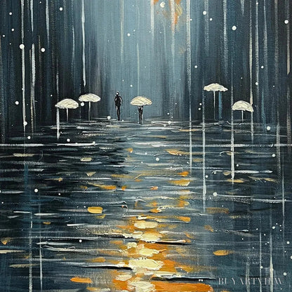 BUYARTVIEW Rainy Day Reflections – Vertical Painting of a Rainy City Street, Minimalist Figures, Modern , Blue and Gold - image 3